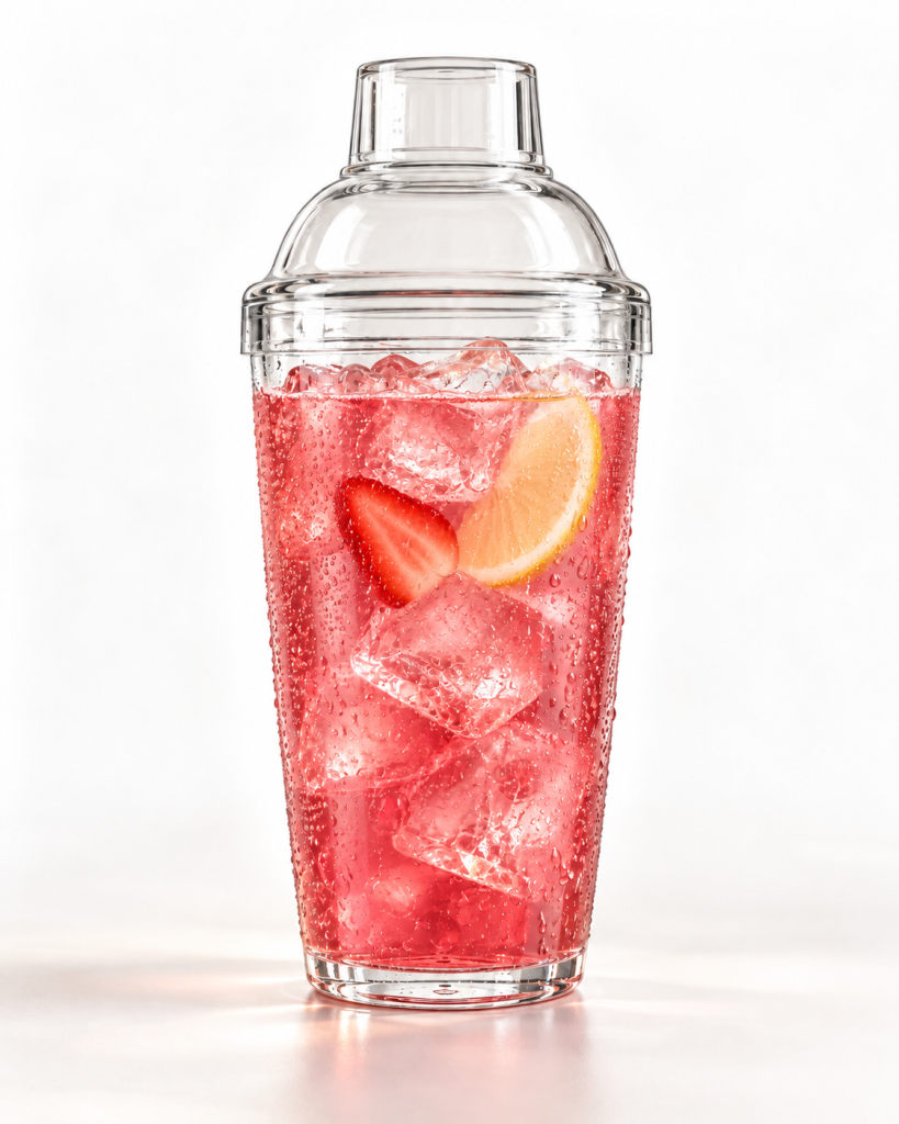 Pinker Bodrum Shaker mit Eis, Erdbeere und Zitrone – Serviervorschlag