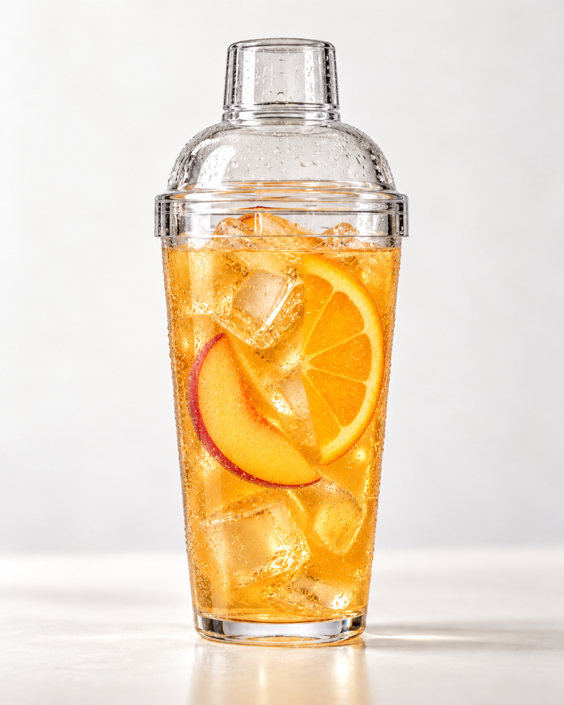Goldorangener Izmir Shaker mit Eis, Orange und Pfirsich – Serviervorschlag