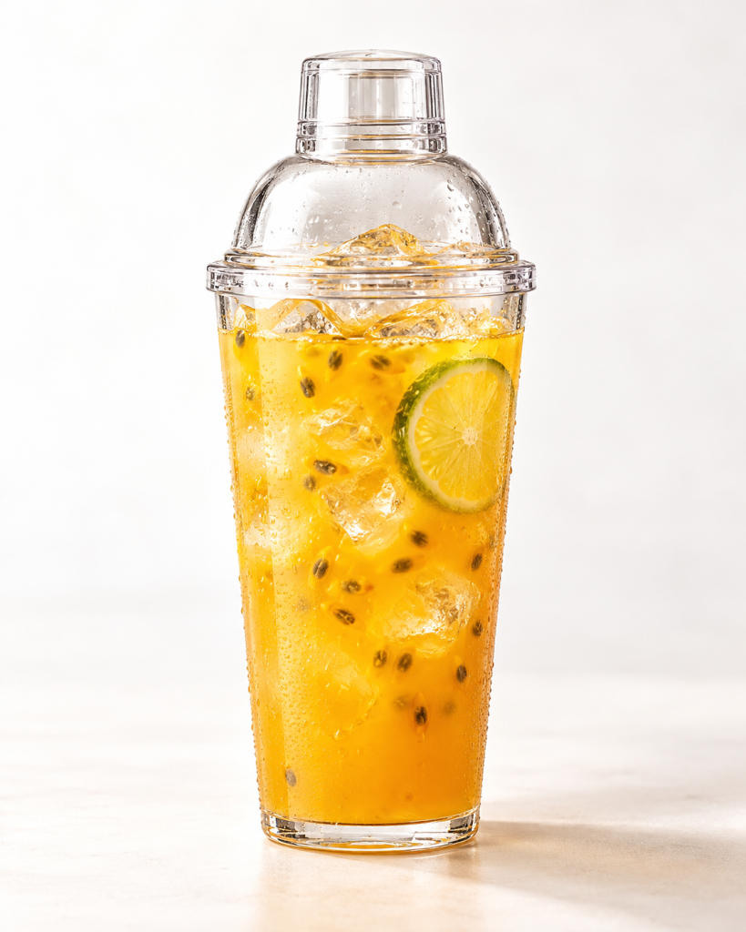 Goldgelber Mykonos Shaker mit Eis, Maracuja und Limette – Serviervorschlag