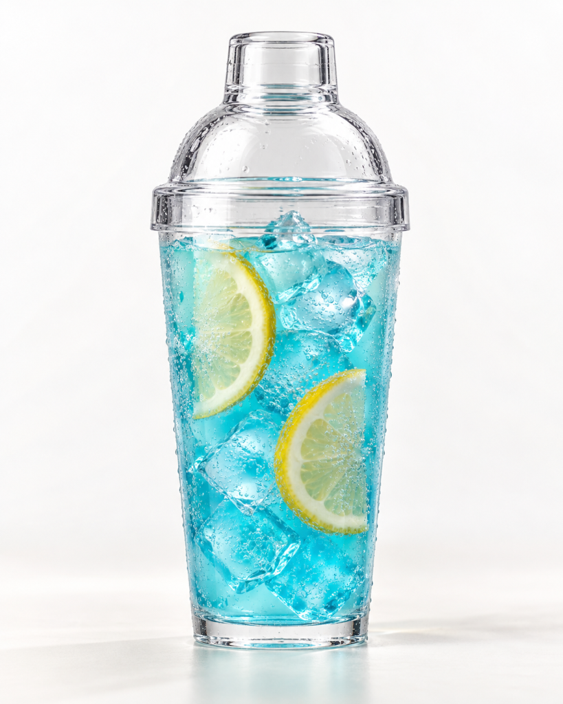 Leuchtend blauer Santorini Shaker mit Eis und Zitrone – Serviervorschlag